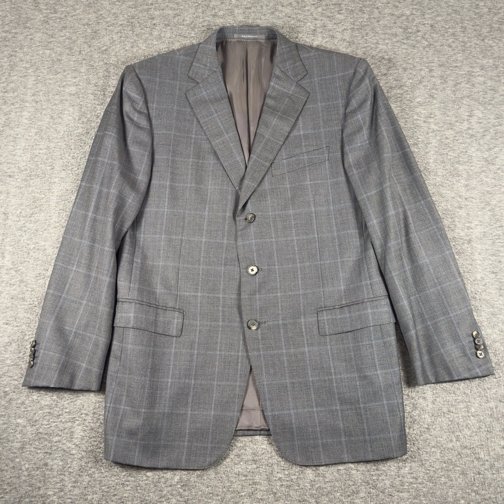Ermenegildo Zegna Blazer Mens 54R Gray Check Wool Two Button Jacket Swiss